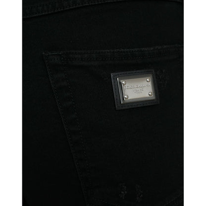 Dolce & Gabbana Black Cotton High Waist Tattered Denim Jeans