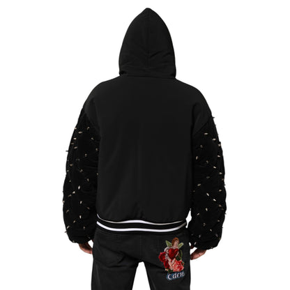 Dolce & Gabbana Black Cotton Quilted Studded Sleeve Hoodie Jacket