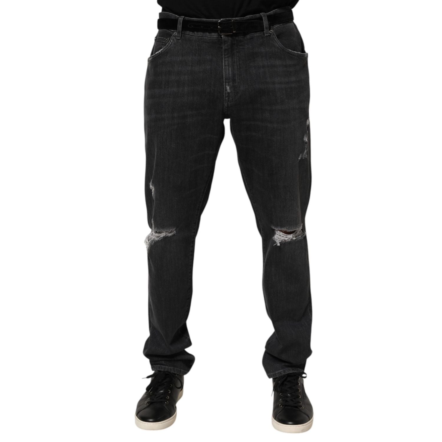 Dolce & Gabbana Black Cotton Slim Fit Distressed Ripped Logo Jeans