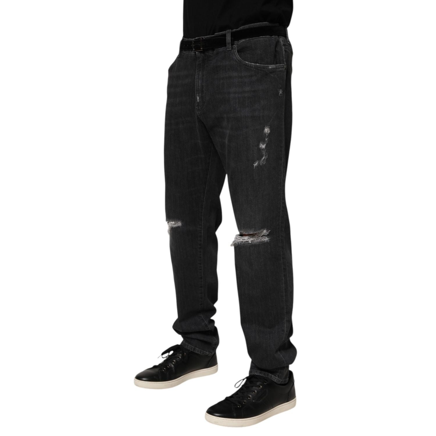 Dolce & Gabbana Black Cotton Slim Fit Distressed Ripped Logo Jeans