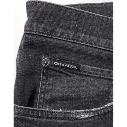 Dolce & Gabbana Black Cotton Slim Fit Distressed Ripped Logo Jeans