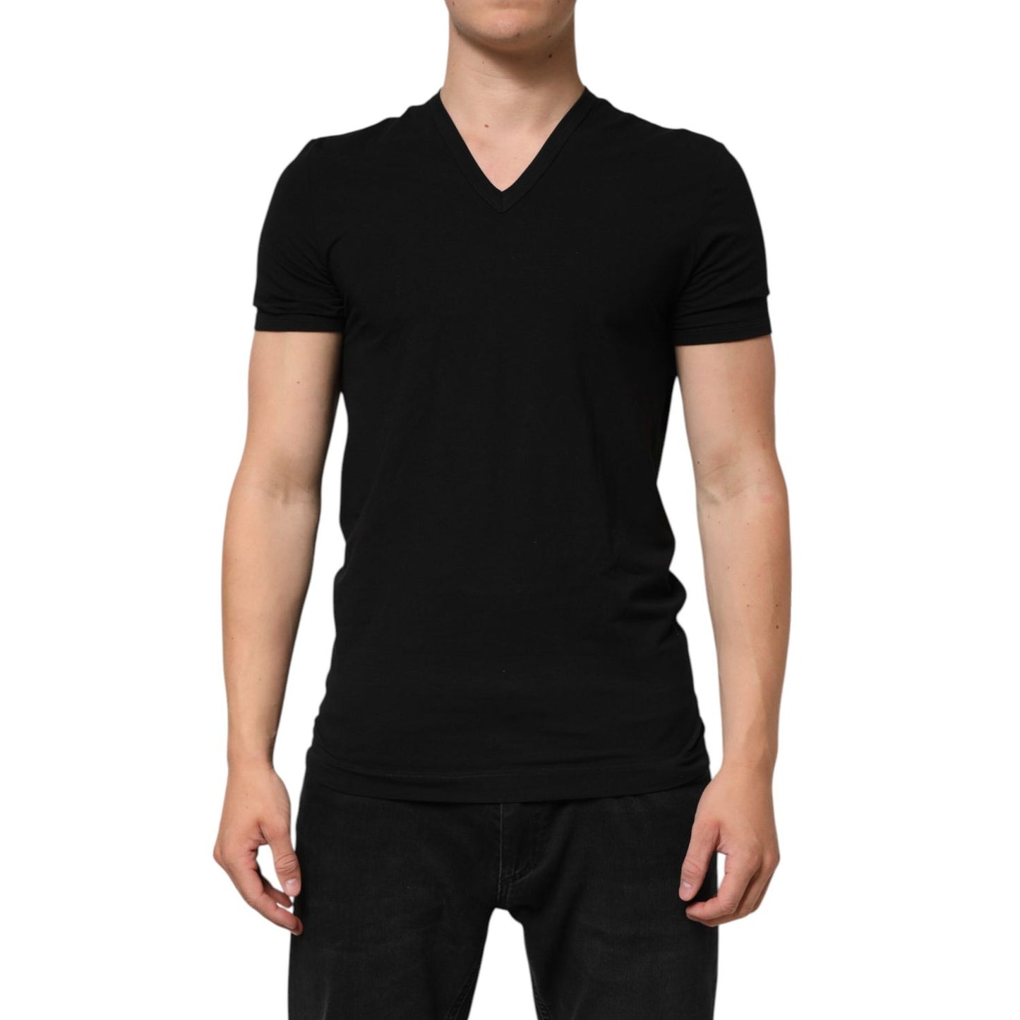 Dolce & Gabbana Black Cotton Slim Fit Men V-Neck Shirt T-shirt