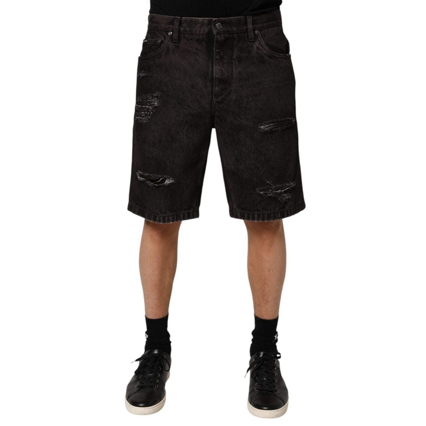 Dolce & Gabbana Black Cotton Tattered Denim Men Bermuda Short