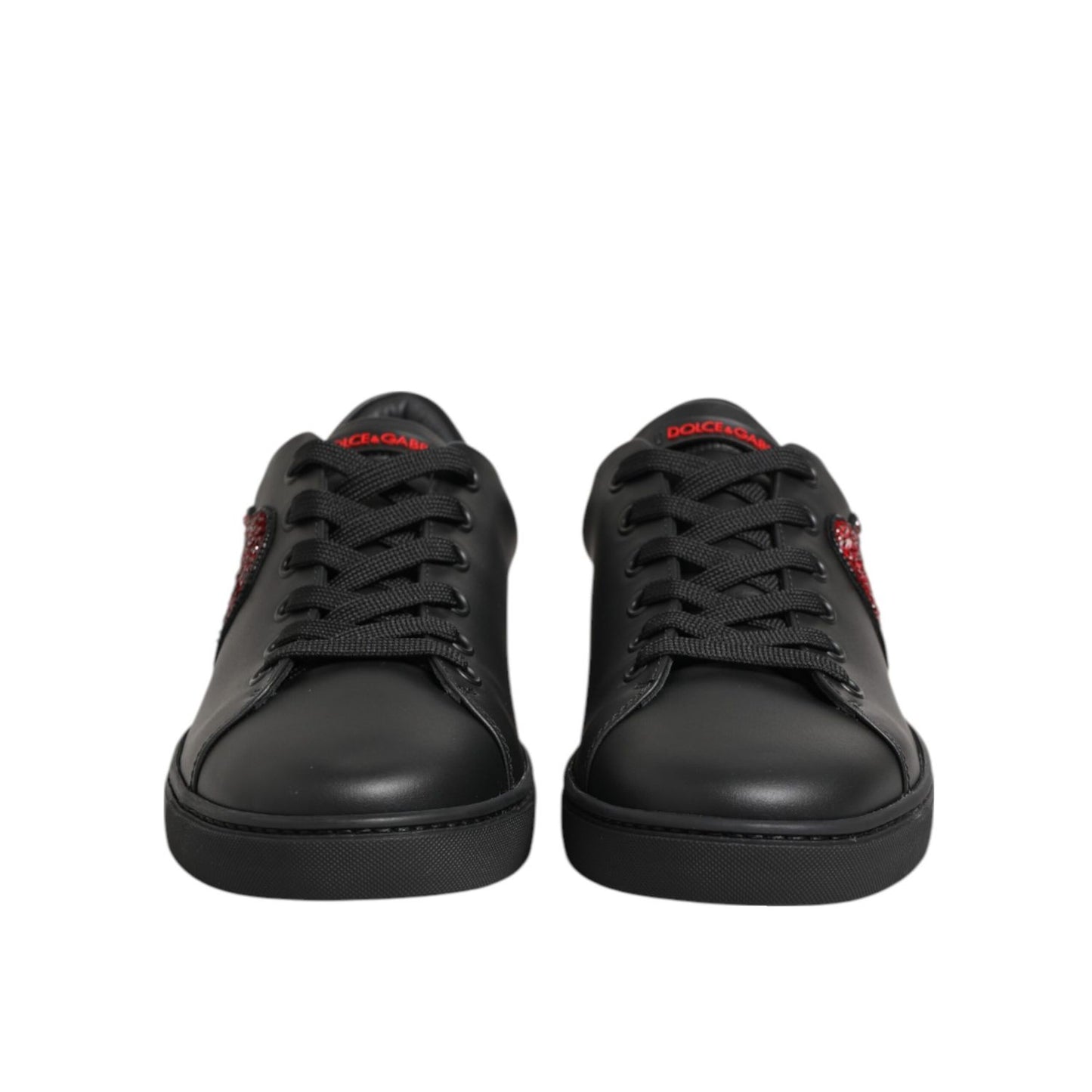 Dolce & Gabbana Black Leather Crystal Heart Low Top Sneakers Shoes