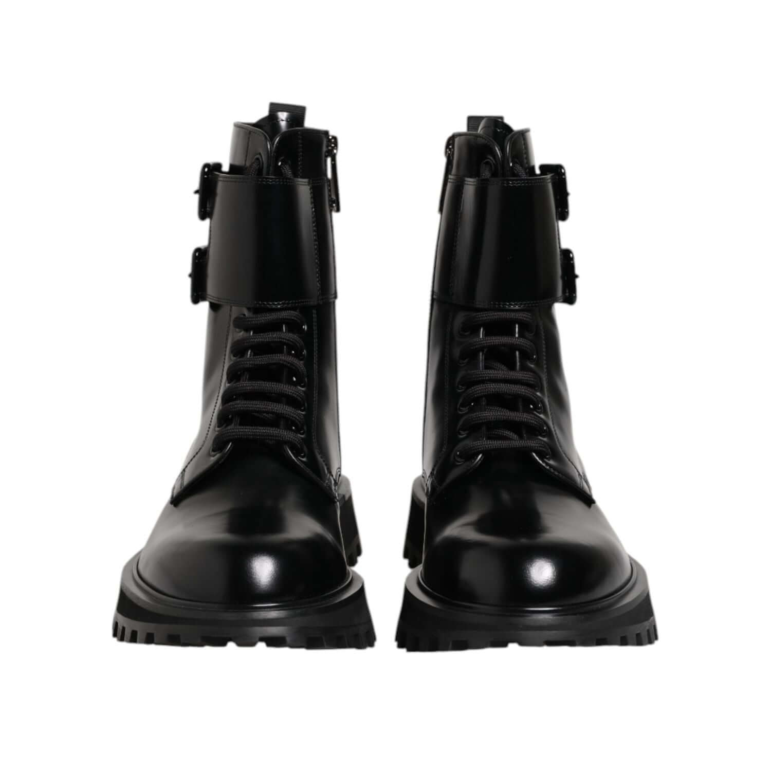 Dolce & Gabbana Black Leather Lace Up Mid Calf Boots Shoes