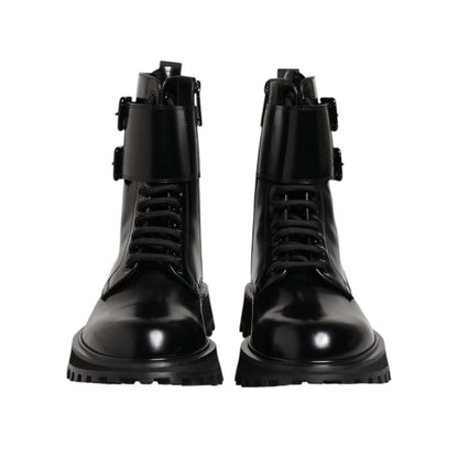 Dolce & Gabbana Black Leather Lace Up Mid Calf Boots Shoes with logo details, showcasing Italian craftsmanship and exclusive design.