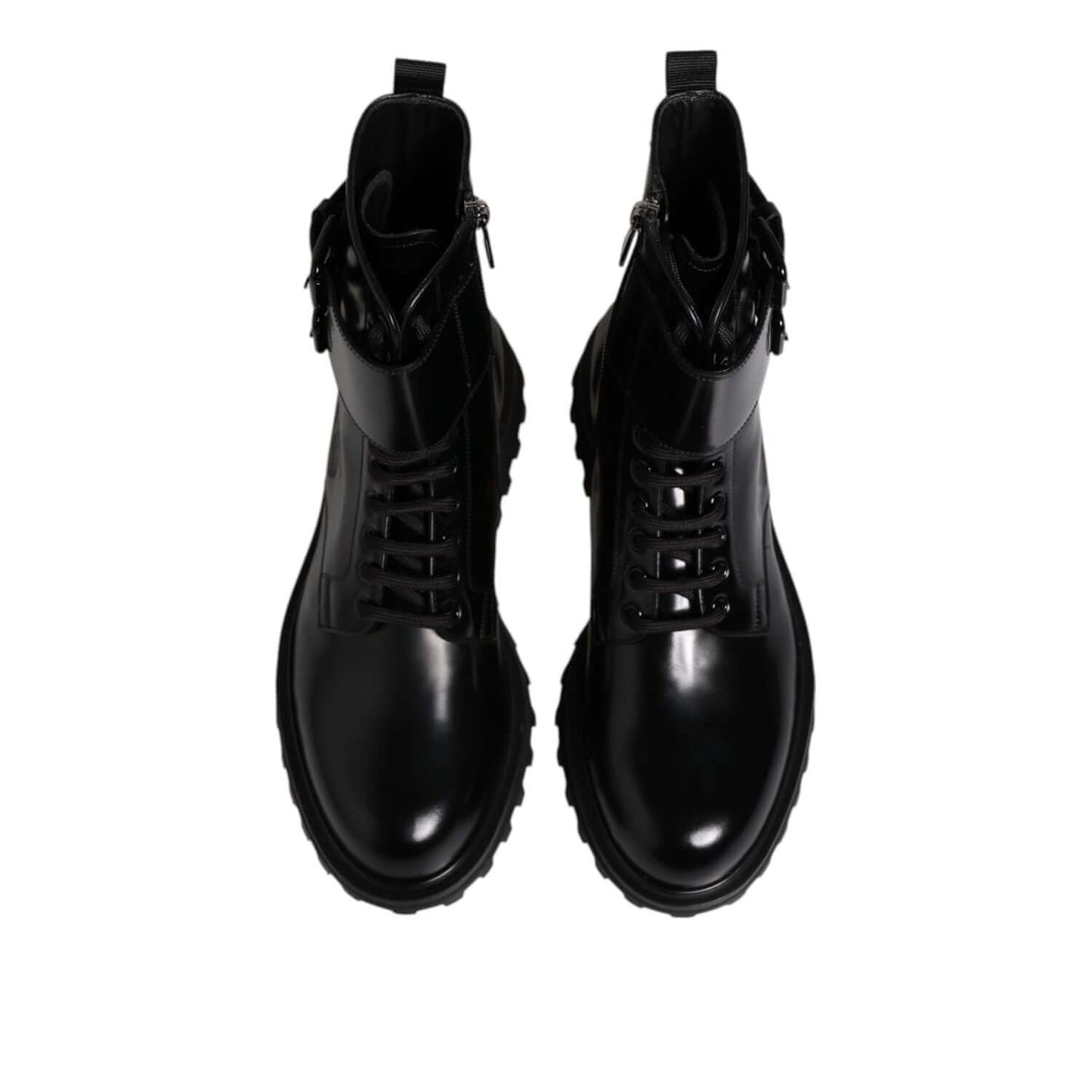Dolce & Gabbana Black Leather Lace Up Mid Calf Boots Shoes - Top View, Stylish Italian Craftsmanship, Durable Calf Leather