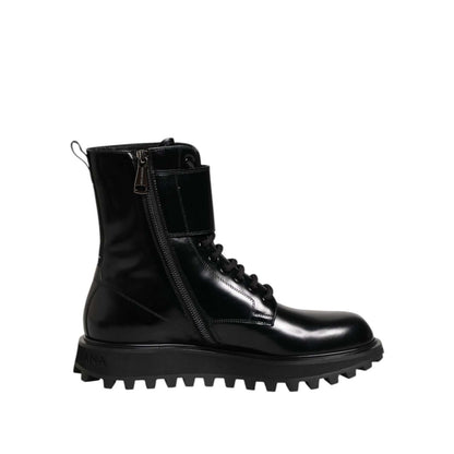 Dolce & Gabbana Black Leather Lace Up Mid Calf Boots Shoes showcasing elegant design and high craftsmanship, side view.