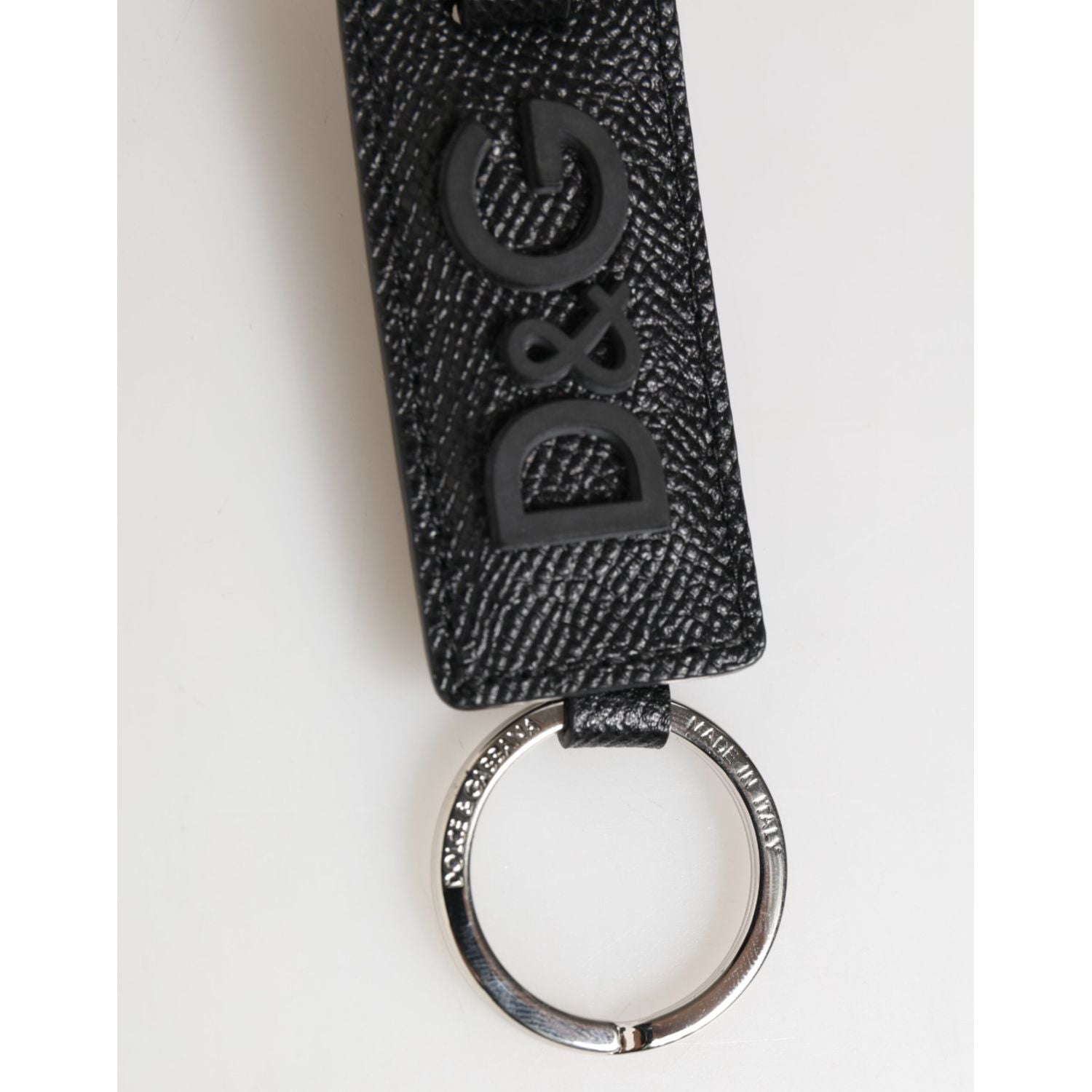 Dolce & Gabbana Black Leather Logo Metal Ring Keychain Holder Keyring