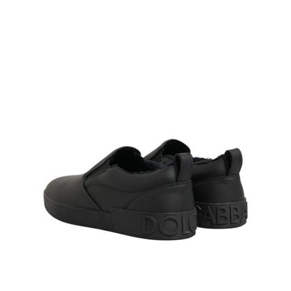 Dolce & Gabbana Black Leather Low Top Slip On Sneakers Shoes