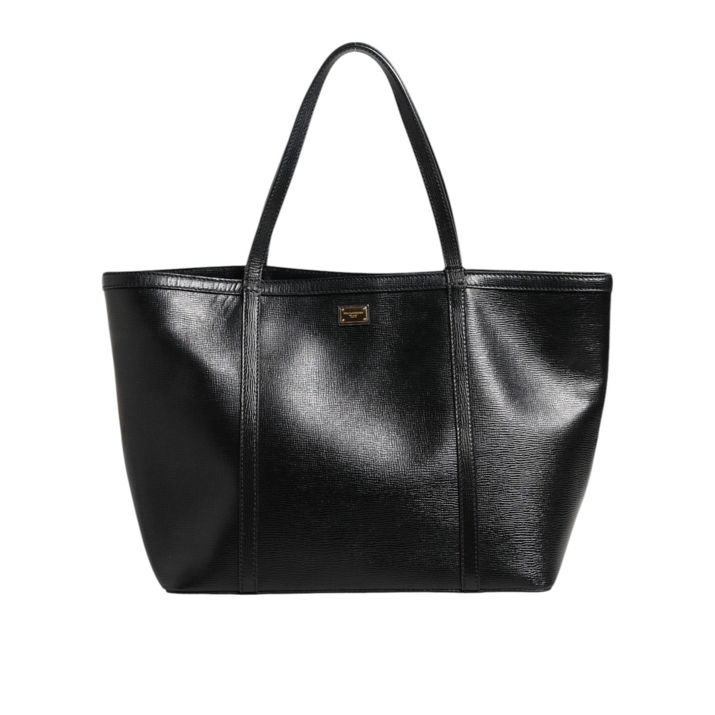 Dolce & Gabbana Black Leather Miss Escape Shopping Tote Women Borse Bag with gold detailing and two handles, front view.