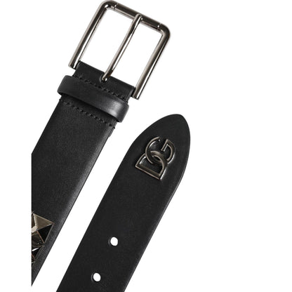 Dolce & Gabbana Black Leather Studded DG Metal Buckle Belt