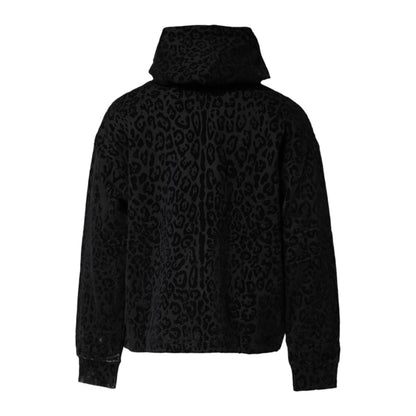 Dolce & Gabbana Black Leopard Full Zip Hooded Sweatshirt Sweater, 100% cotton, regular fit, made in Italy, featuring leopard pattern