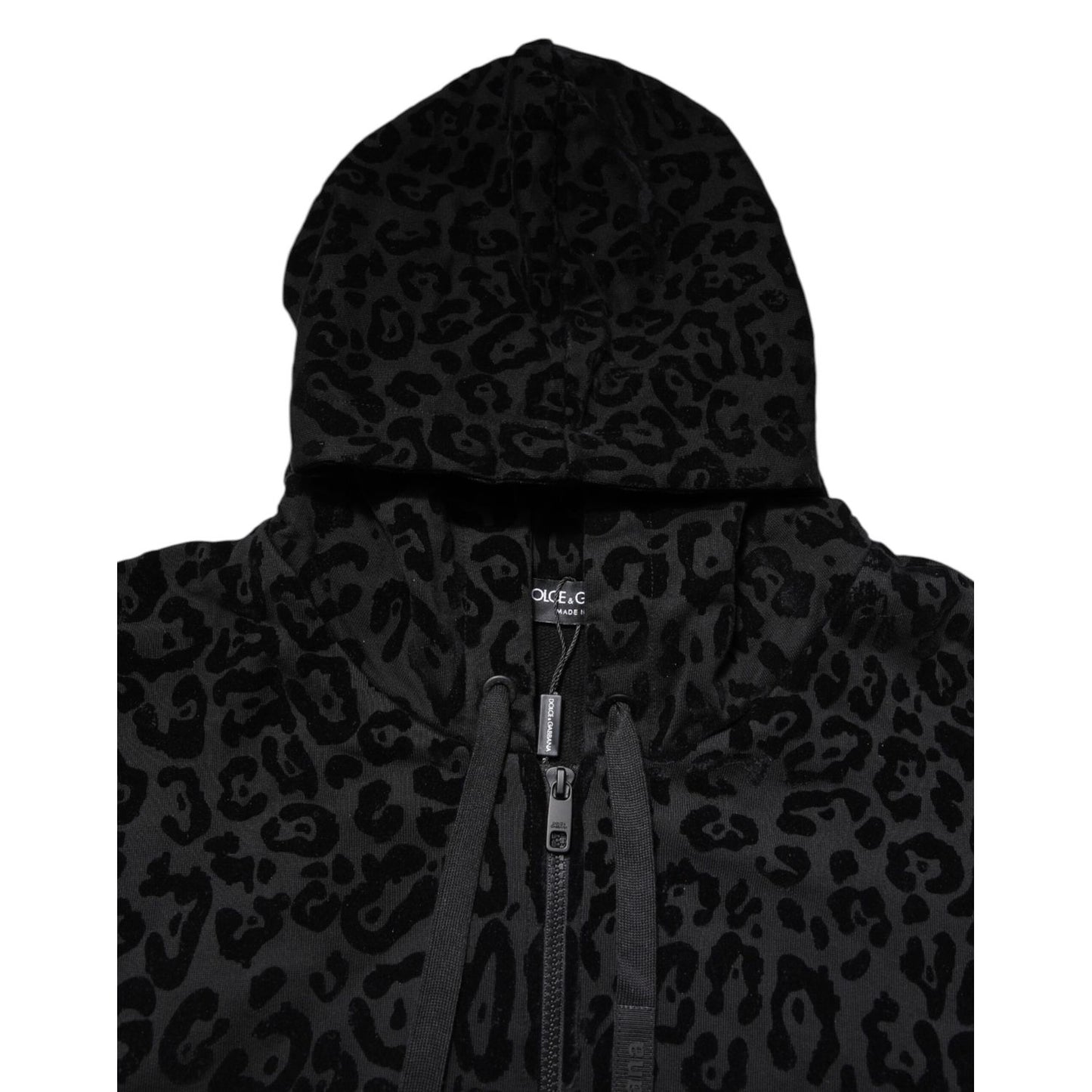 Dolce & Gabbana Black Leopard Full Zip Hooded Sweatshirt Sweater with leopard pattern and logo details, made from 100% cotton.