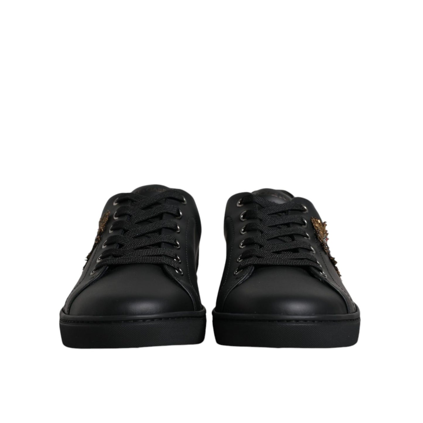 Dolce & Gabbana Black London Sacred Heart Men Sneakers Shoes with studs, lace-up fastening, and calf leather material.
