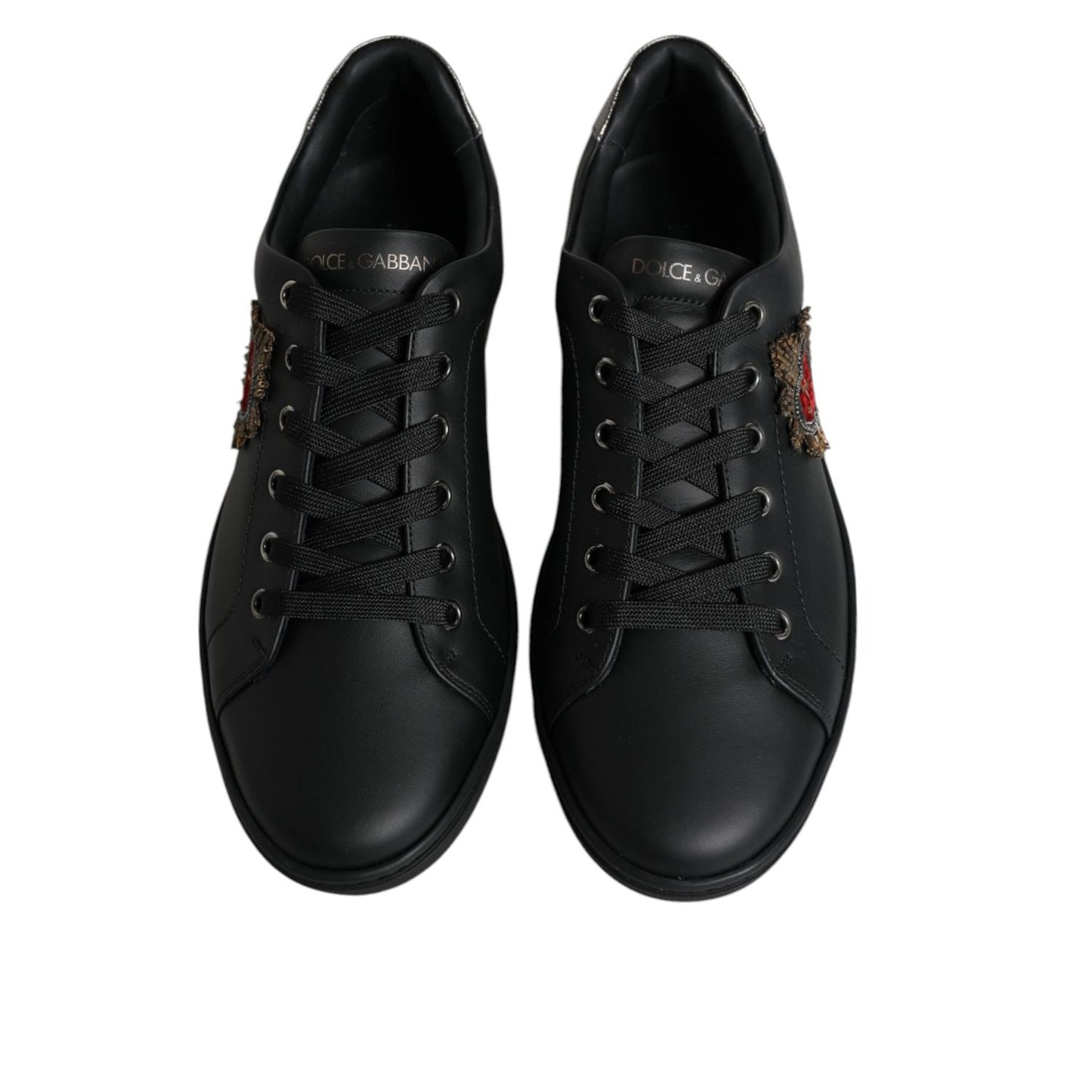 Dolce & Gabbana Black London Sacred Heart Men Sneakers Shoes with lace-up closure and studs, crafted from calf leather.