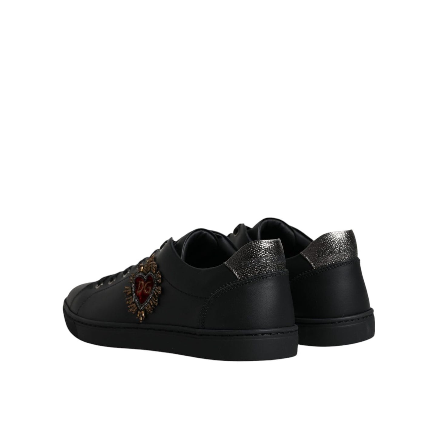Dolce & Gabbana Black London Sacred Heart Men Sneakers Shoes with studs and logo, side view. Made in Italy, 100% calf leather.