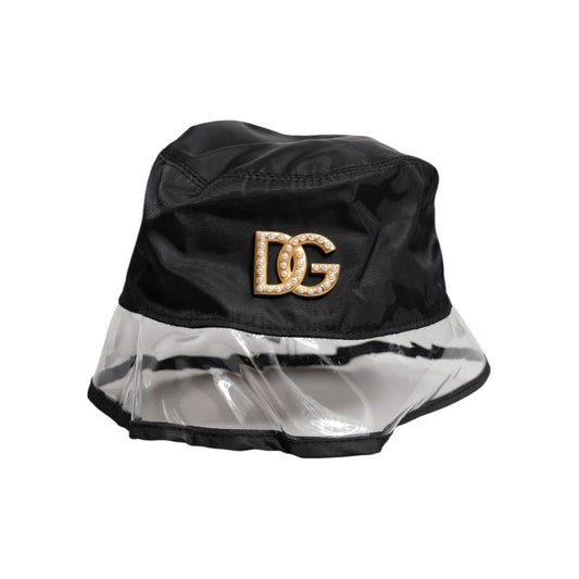 Dolce & Gabbana Black Nylon PVC DG Logo Bucket Hat with gold logo on brim, women's stylish headwear, elegant Italian fashion accessory.