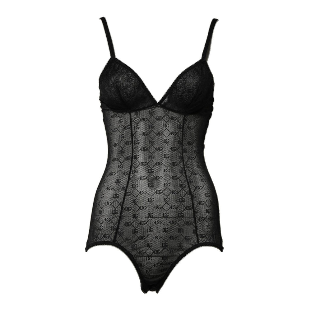 Dolce & Gabbana Black Nylon Stretch Bodysuit Lingerie Underwear with logo details and zipper closure, elegant intimate wear.