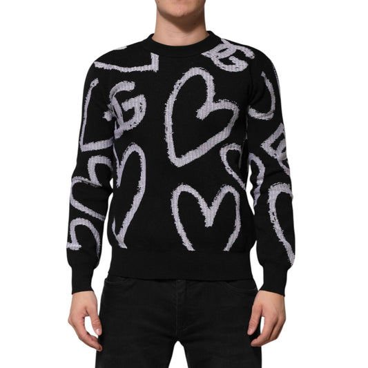 Dolce & Gabbana Black Nylon Wool Heart Print Pullover Sweater