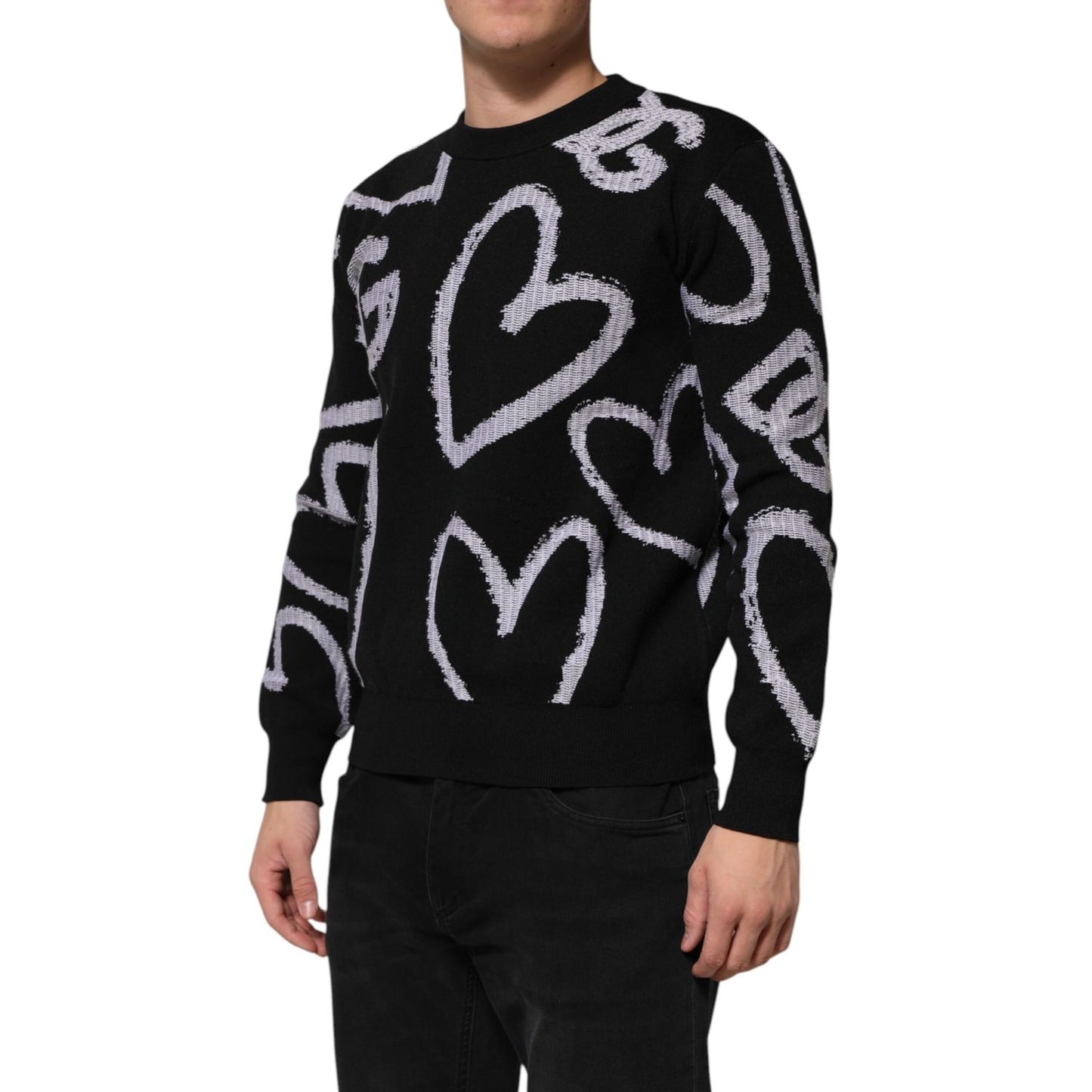 Dolce & Gabbana Black Nylon Wool Heart Print Pullover Sweater