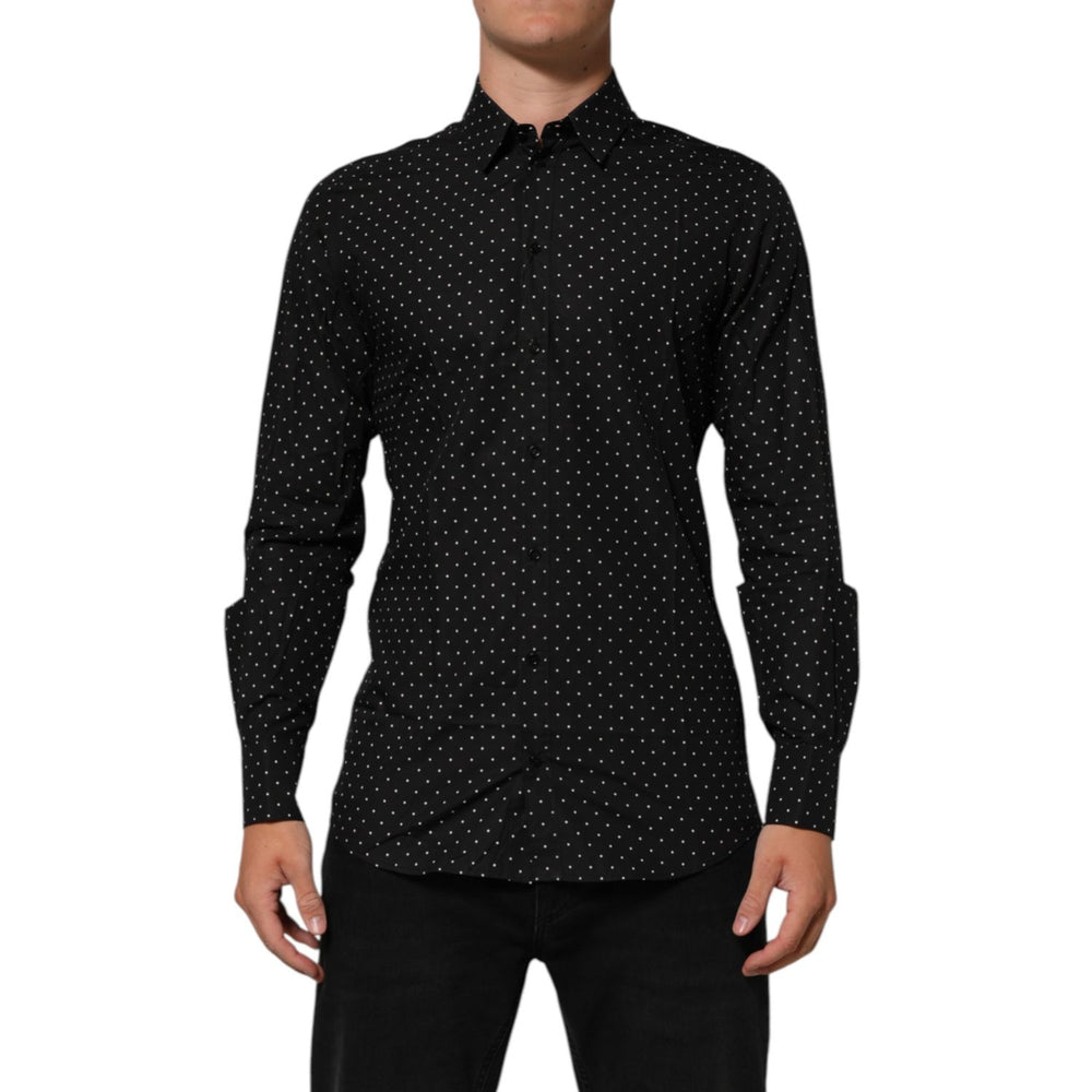 Dolce & Gabbana Black Polka Dot Cotton GOLD Men Formal Dress Shirt display front view