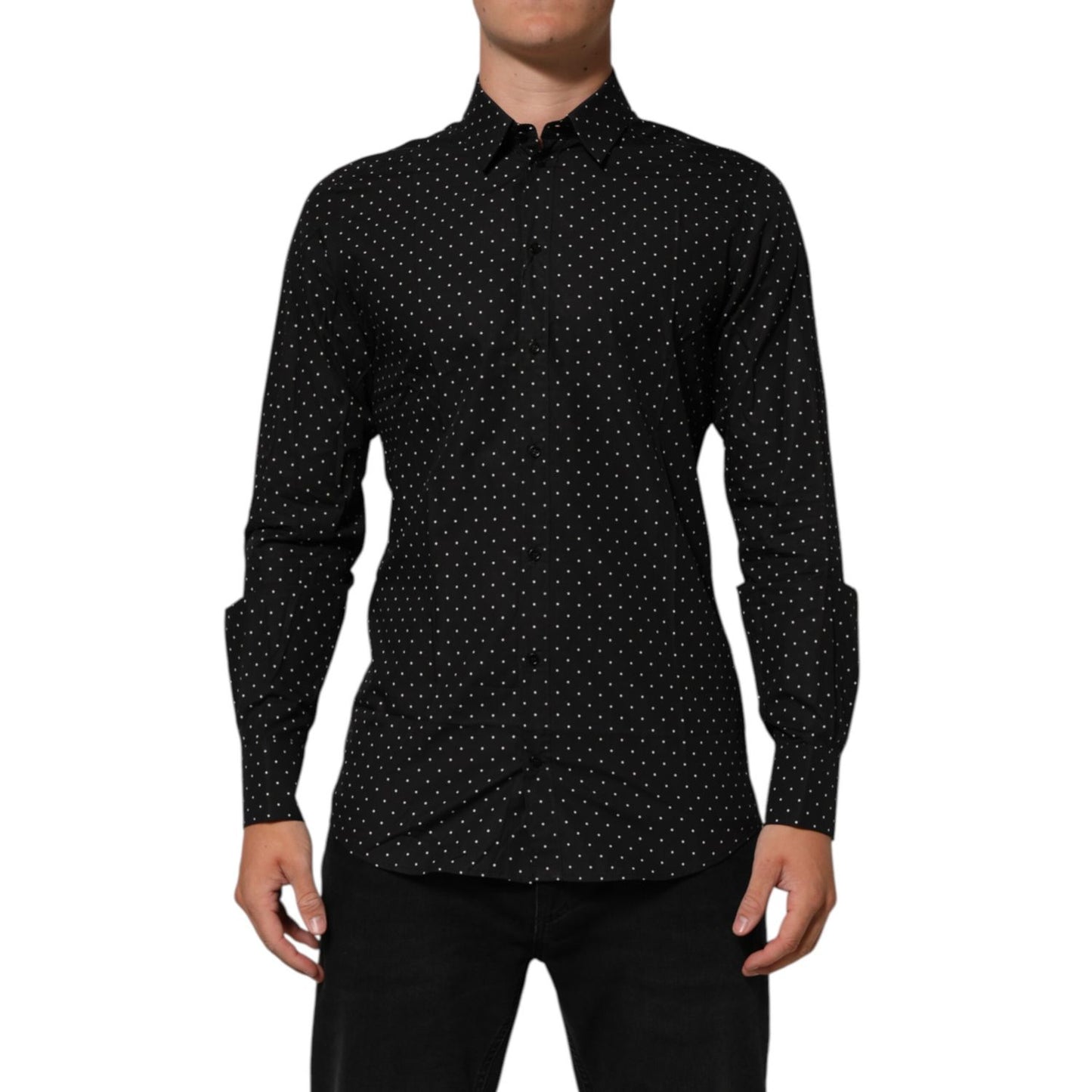 Dolce & Gabbana Black Polka Dot Cotton GOLD Men Formal Dress Shirt - elegant slim fit, perfect for formal occasions.