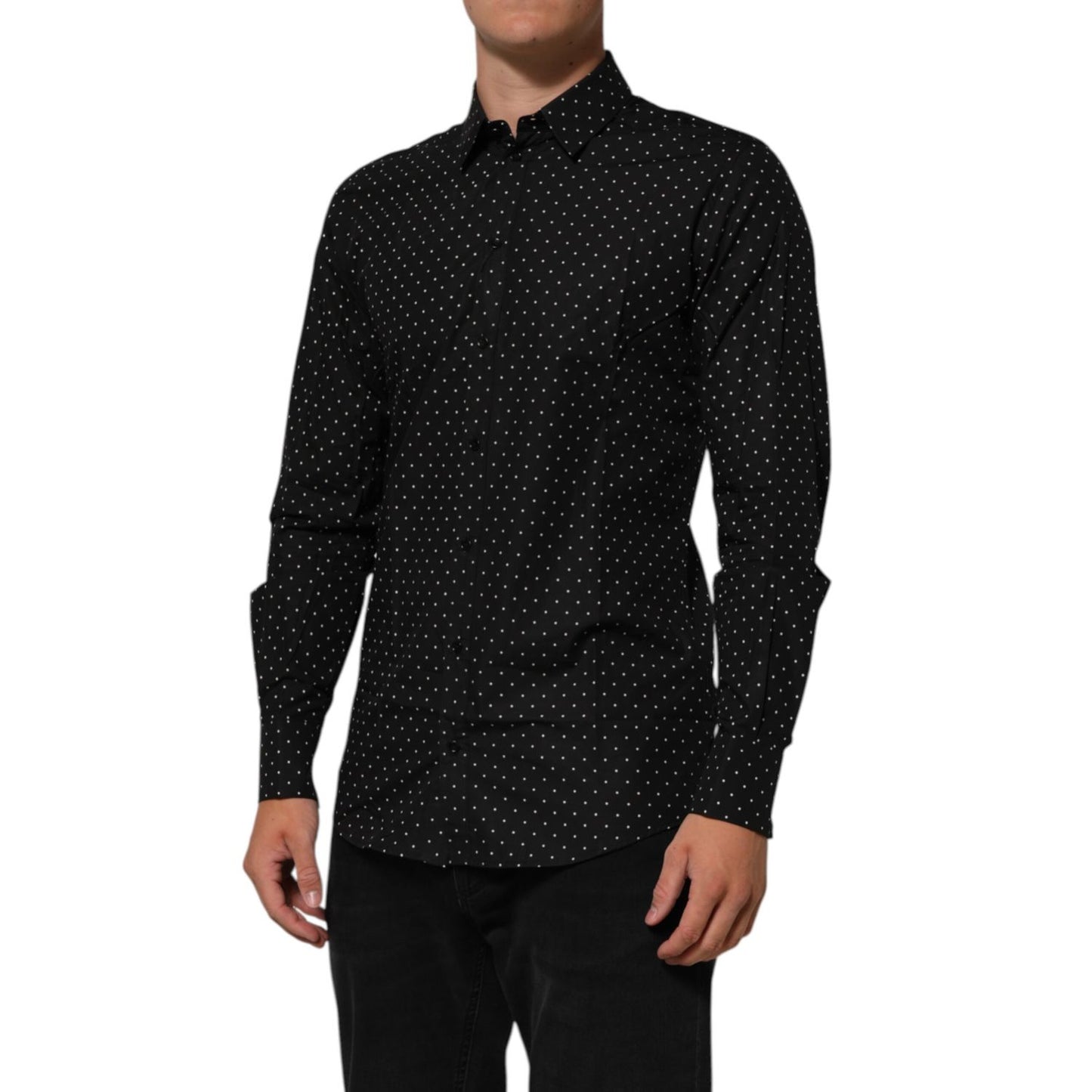 Dolce & Gabbana Black Polka Dot Cotton GOLD Men Formal Dress Shirt with long sleeves, elegant design, perfect for upscale events.