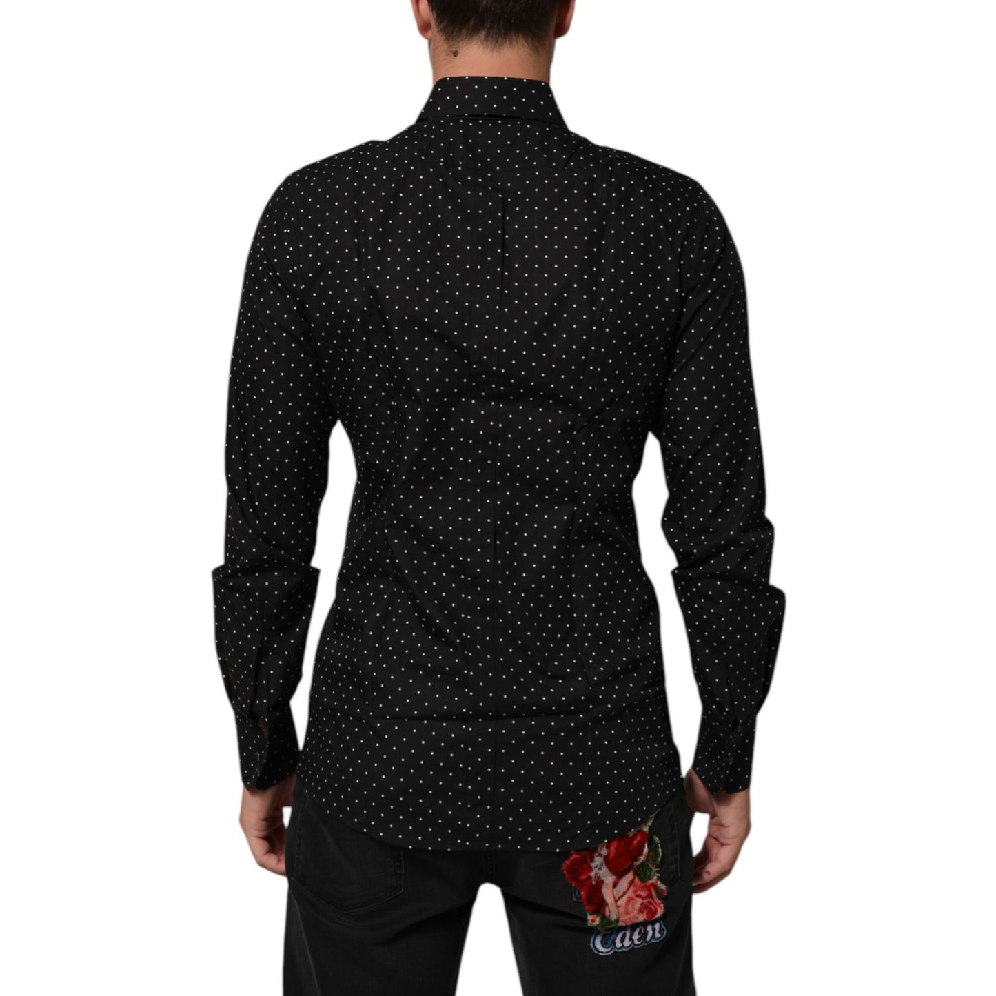 Back view of Dolce & Gabbana Black Polka Dot Cotton GOLD Men Formal Dress Shirt with polka dot pattern and gold accents