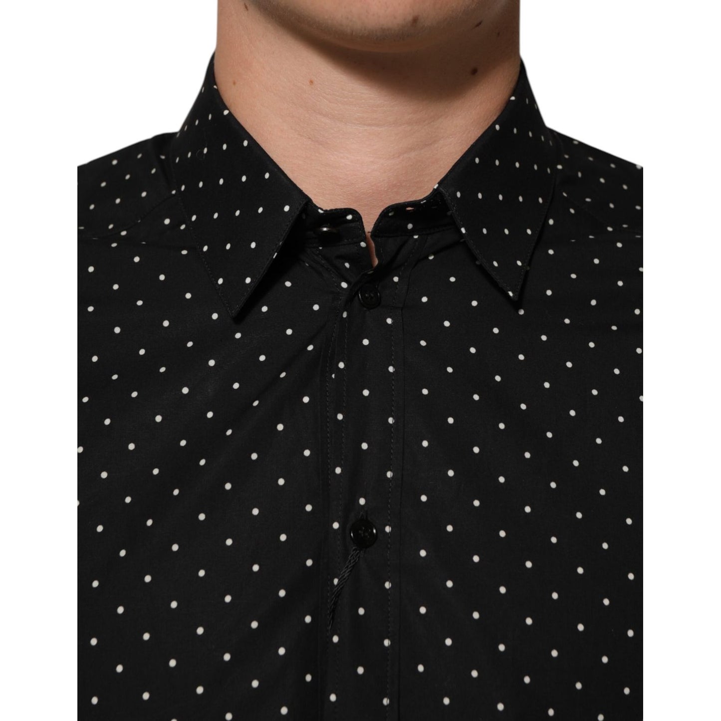 Dolce & Gabbana Black Polka Dot Cotton GOLD Men Formal Dress Shirt with gold accents, ideal for formal events.