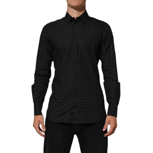 Dolce & Gabbana Black Polka Dot Cotton GOLD Men Formal Dress Shirt display front view