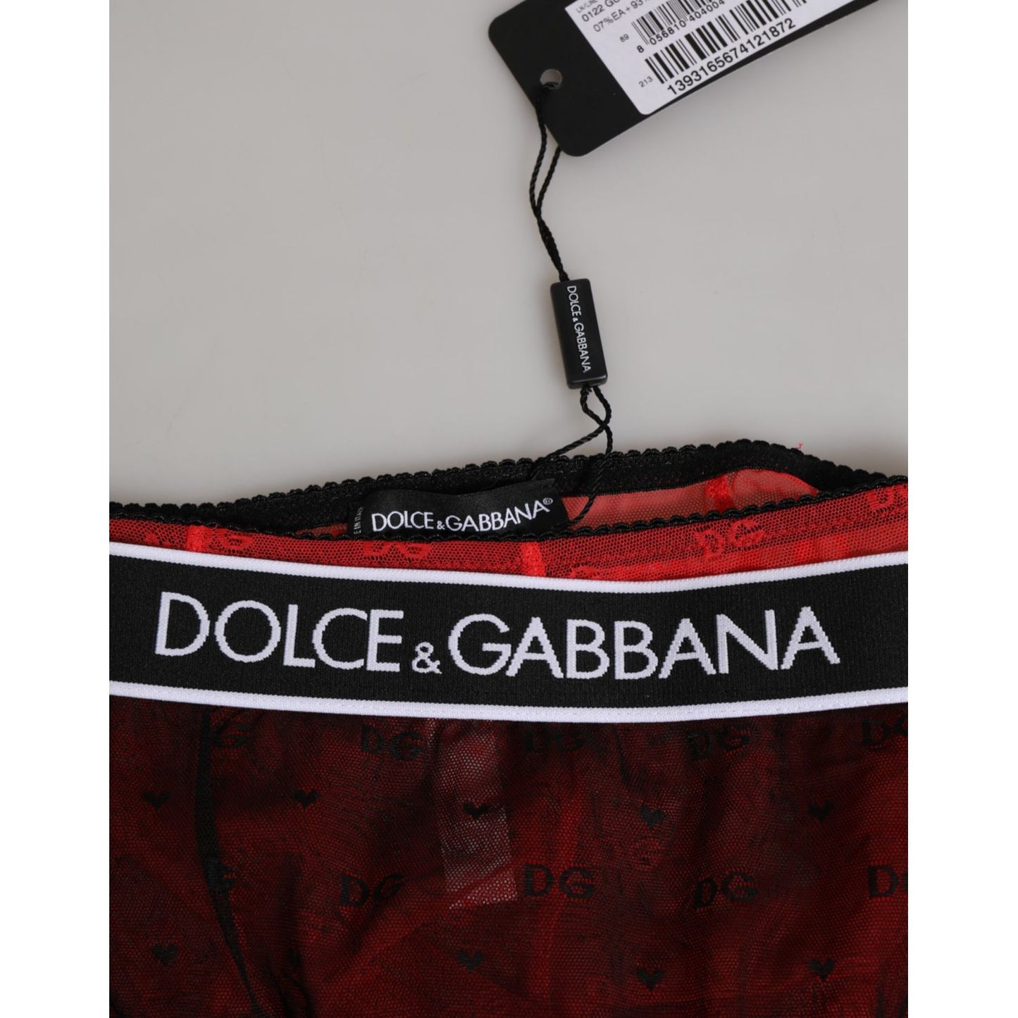 Close-up of Dolce & Gabbana Black Red Nylon High Waist Girdle Underwear with tag.
