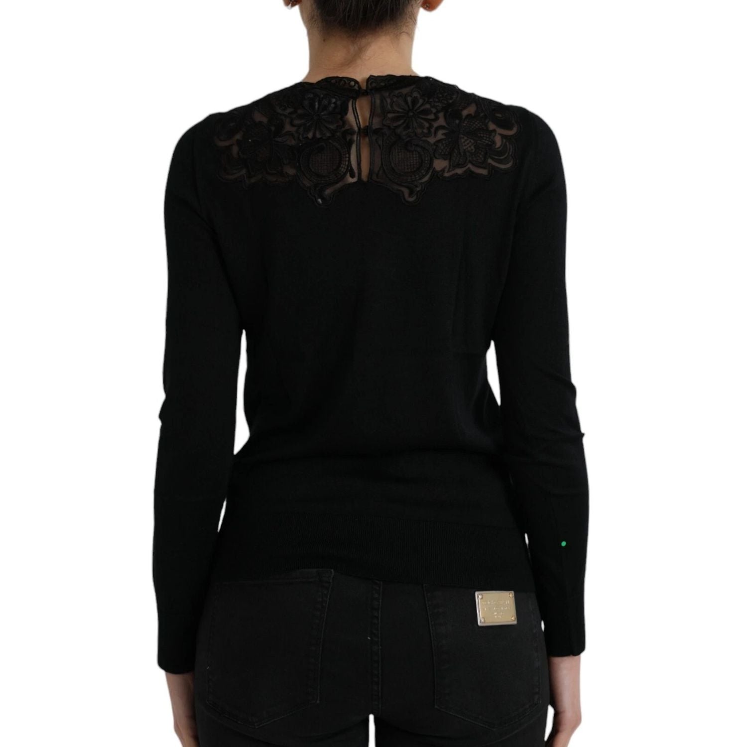 Dolce & Gabbana Black Silk Lace Trim Long Sleeves Blouse Top