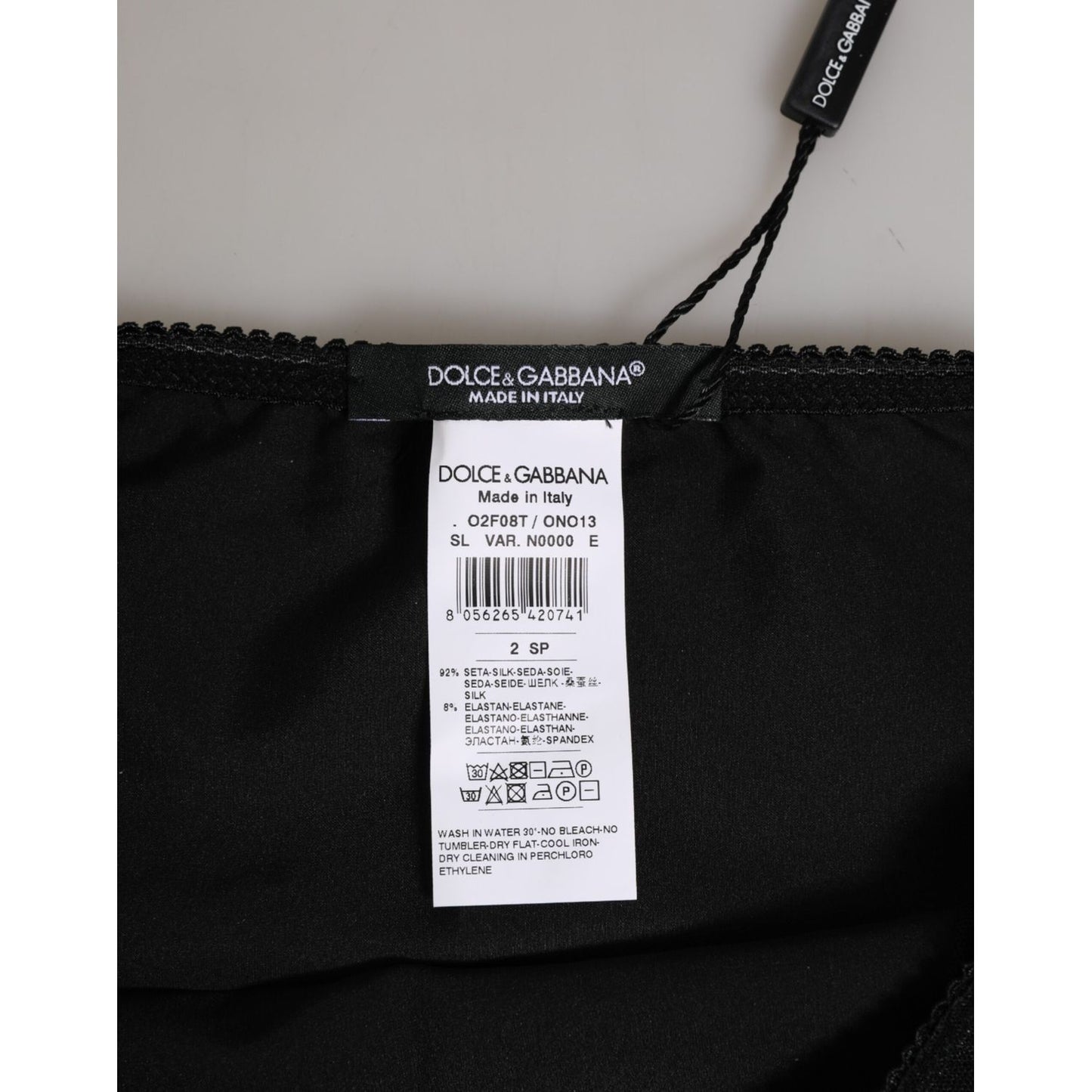 Dolce & Gabbana Black Silk Stretch High Waist Panty Underwear showing label details and logo, made in Italy.