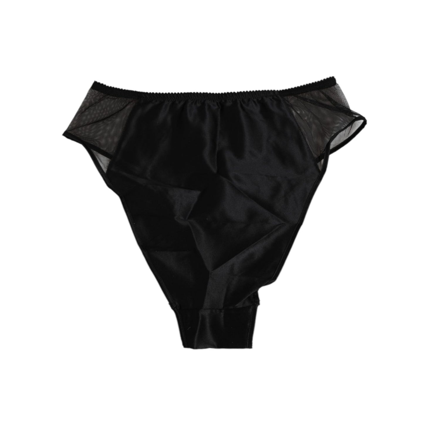 Dolce & Gabbana Black Silk Stretch High Waist Panty Underwear with mesh logo details, made in Italy, on a white background.