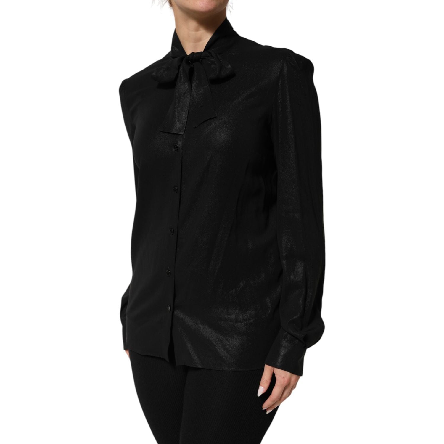 Dolce & Gabbana Black Viscose Long Sleeve Tie Neck Blouse Top