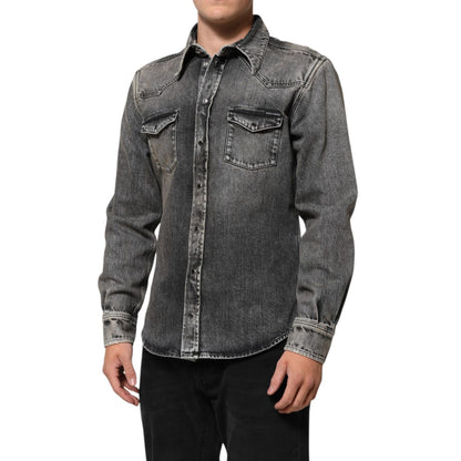 Dolce & Gabbana Black Washed Cotton Snap Long Sleeve Casual Shirt
