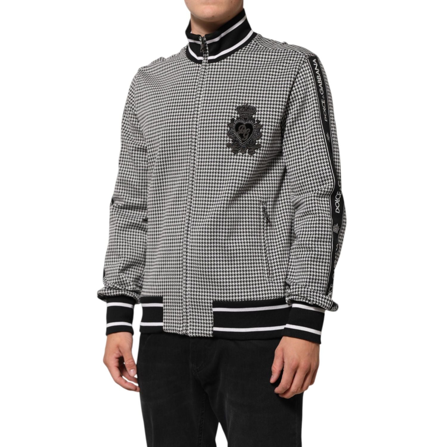 Dolce & Gabbana Black White Houndstooth Wool Crest Jacket Sweater