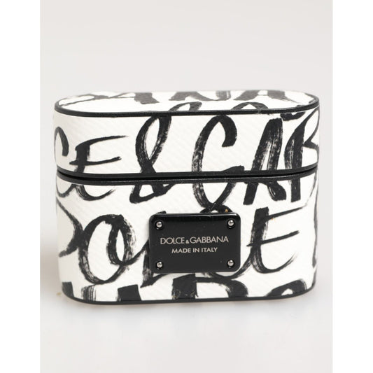 Dolce & Gabbana Black White Leather Monogram Print Logo Holder Airpods Case, premium accessory with brand styling and protection.