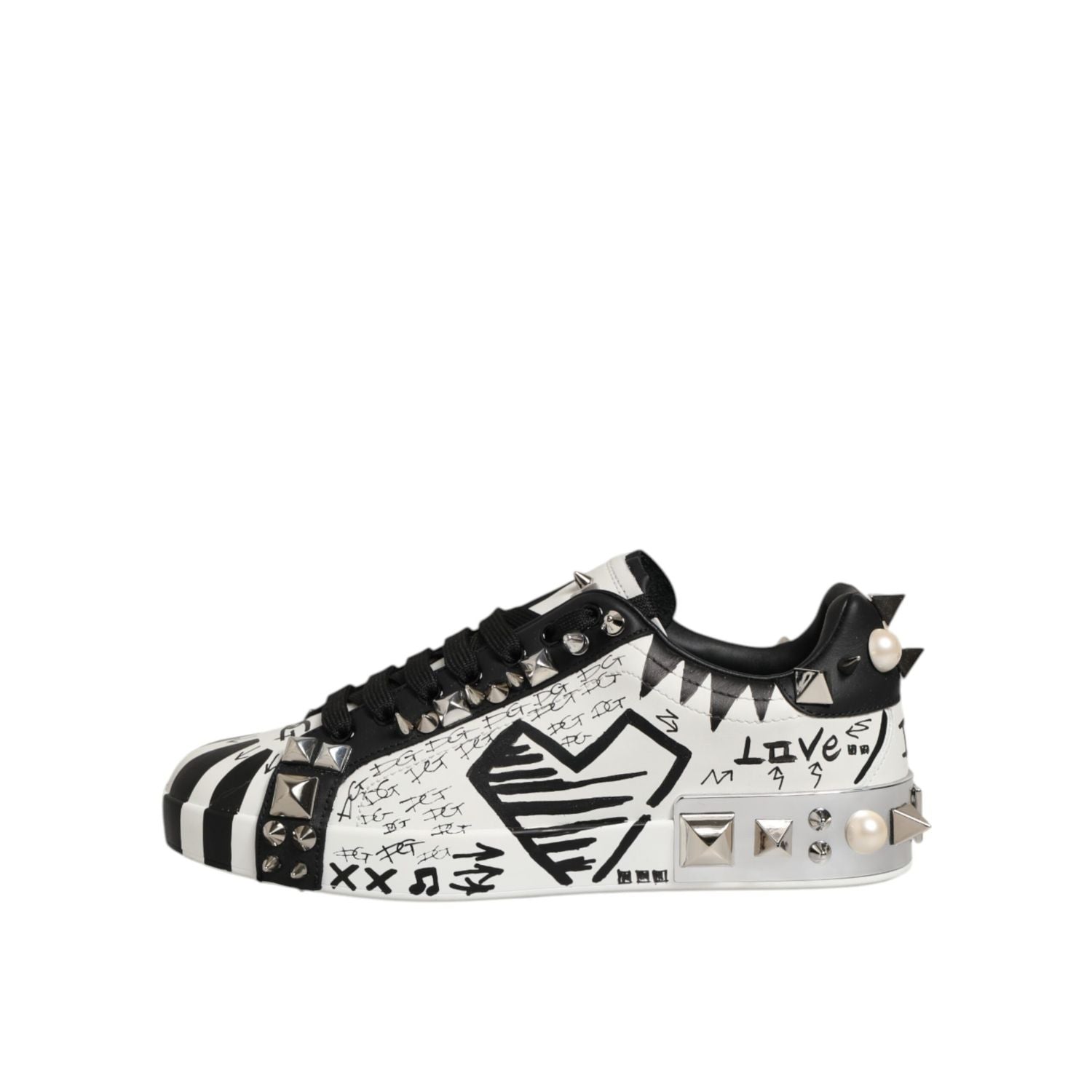 Dolce & Gabbana Black White Studded Low Top Sneakers Shoes