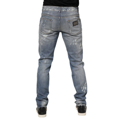 Dolce & Gabbana Blue Cotton Tattered Slim Fit Men Denim Jeans
