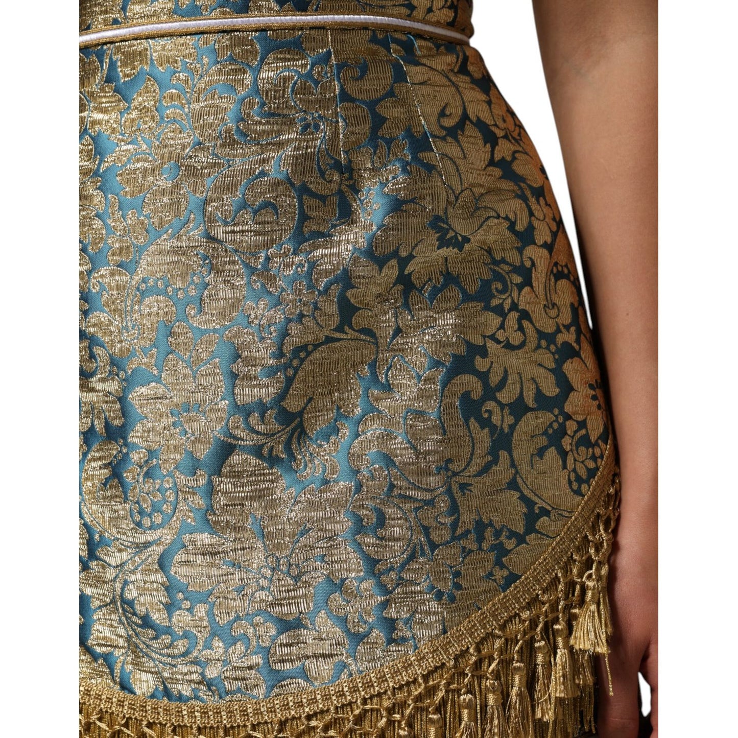 Dolce & Gabbana Blue Floral Jacquard Tasseled Mini Skirt