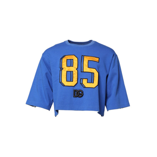 Dolce & Gabbana Blue Printed Cotton Cropped Crew Neck T-shirt