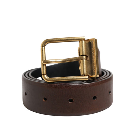 Dolce & Gabbana Brown Classic Gold Metal Logo Buckle Men Belt on display.