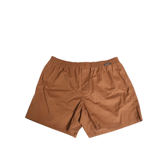 Dolce & Gabbana Brown Cotton Boxer Waistband Short Swimwear with button detail and logo.