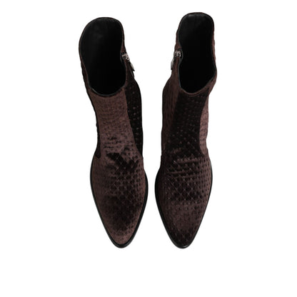 Dolce & Gabbana Brown Cotton Velvet Mid Calf Short Boots Shoes