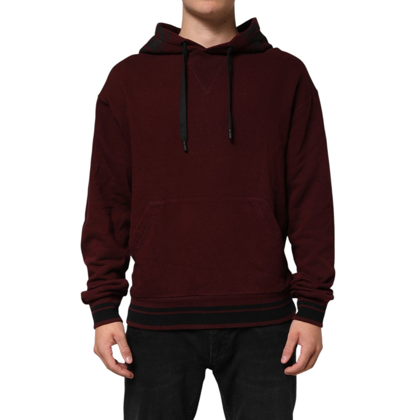Dolce & Gabbana Burgundy Cotton Plaid Lined Men Hoodie Sweater
