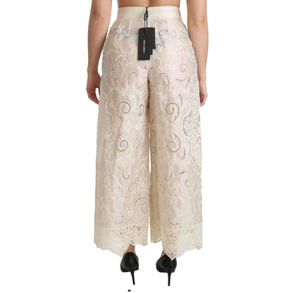 Dolce & Gabbana Cream Lace High Waist Palazzo Cropped Pants