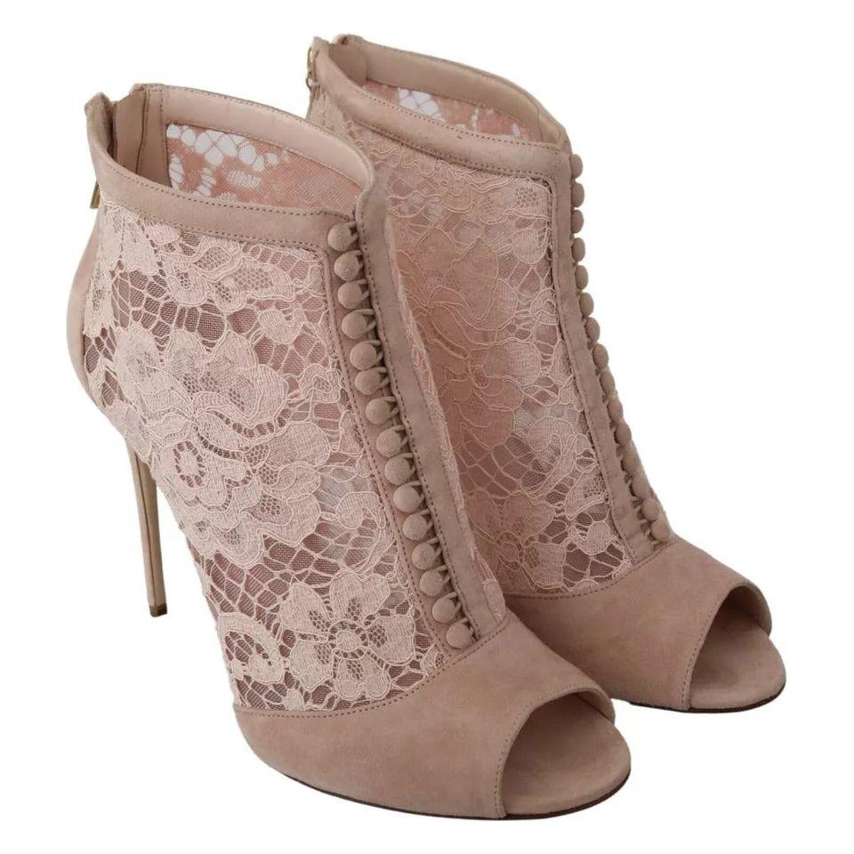 Dolce & Gabbana Beige Lace Suede Peep Toe Ankle Boots Shoes LA8038-40