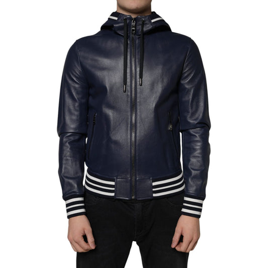 Dolce & Gabbana Blue Leather Full Zip Hooded Bomber Jacket JKT3902-46